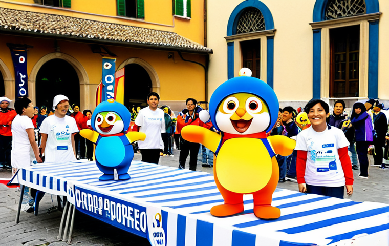 Pororo Community Charity Event**
"A bustling outdoor charity event in a sunny Italian piazza, fully clothed families and children joyfully participating in a 'Pororo'-themed fun run, modest attire, banners and decorations featuring 'Pororo' characters, donation boxes visible, safe for work, appropriate content, professional volunteers assisting, perfect anatomy, natural proportions, family-friendly atmosphere, vibrant colors, high quality digital illustration."
**