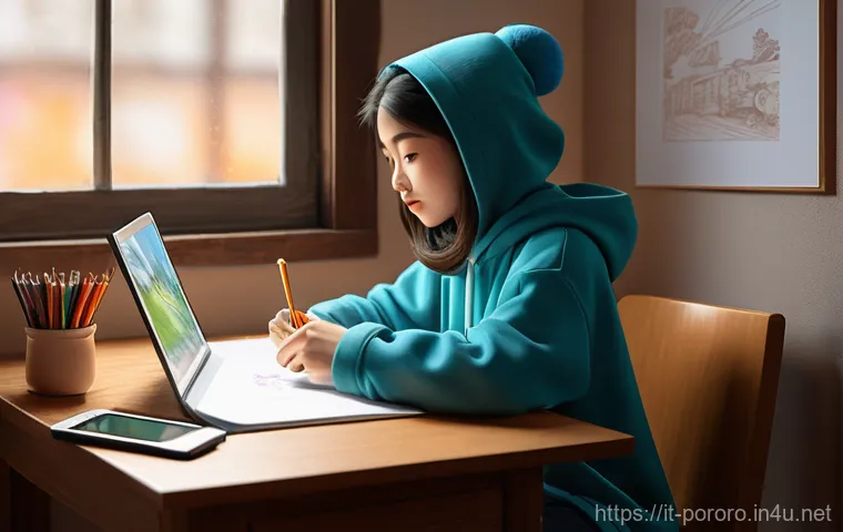 뽀로로 애니메이션의 상영 기술 - **Prompt 1: "The Aspiring Animator's Desk"**
    A vibrant, cozy indoor scene depicting a young fema...
