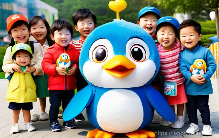 뽀로로의 국내 vs 해외 인기 차이 - **Pororo, The Children's President in Korea:**
    "A vibrant, bustling outdoor scene in a modern So...