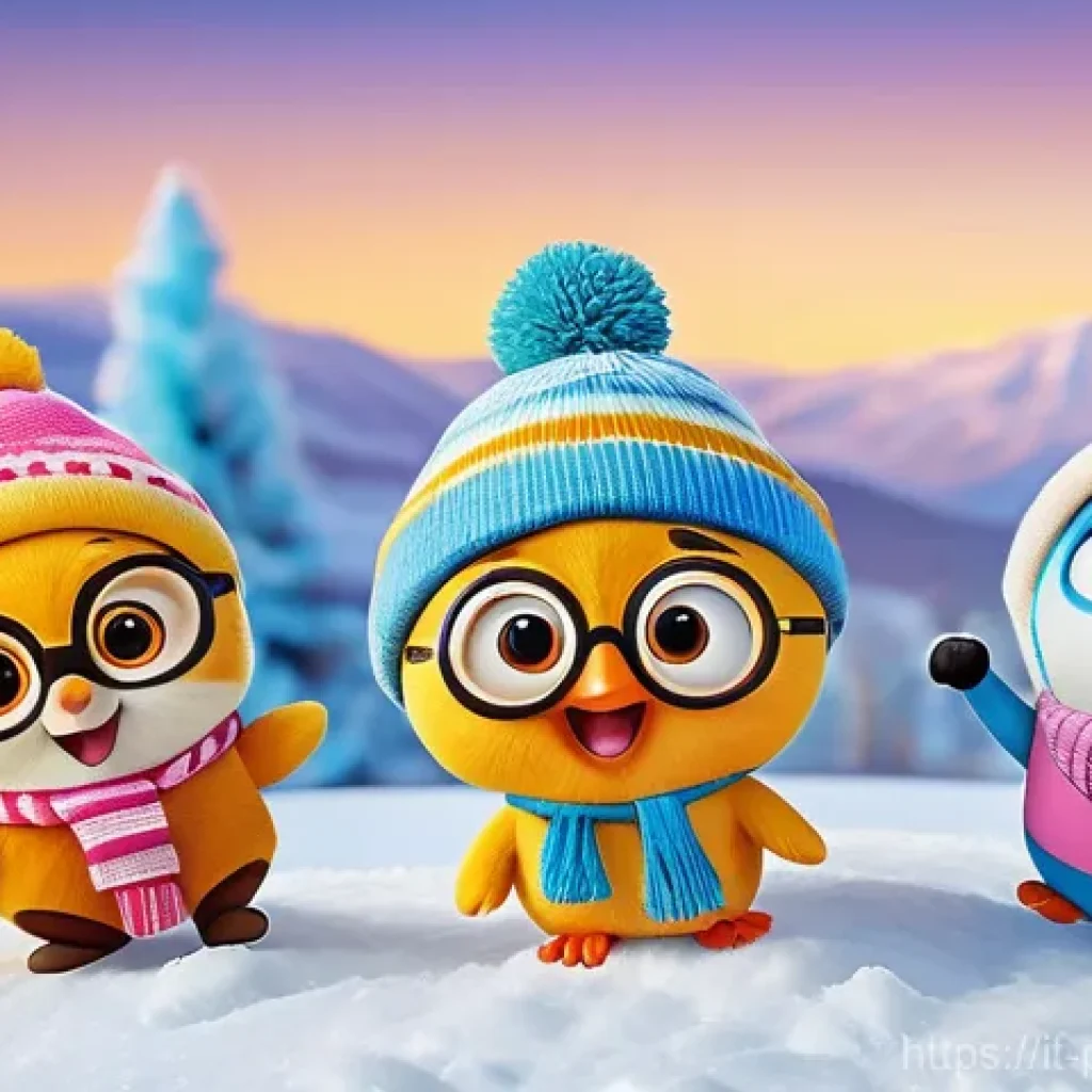 뽀로로 친구들 인기 투표 결과 - A vibrant, cheerful scene of Pororo, Crong, Loopy, Eddy, and Poby playing joyfully in a whimsical, s...