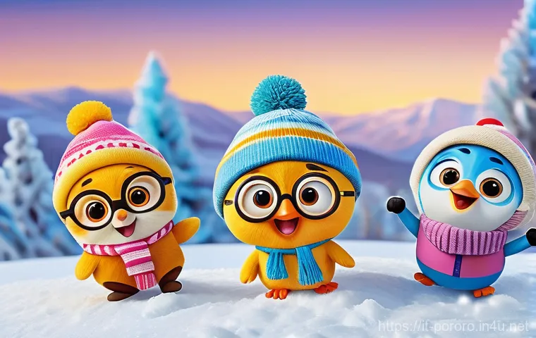 뽀로로 친구들 인기 투표 결과 - A vibrant, cheerful scene of Pororo, Crong, Loopy, Eddy, and Poby playing joyfully in a whimsical, s...