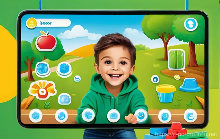 뽀로로 학습 콘텐츠로 영어 배우기 - A heartwarming scene featuring a smiling European mother in her late 30s, with dark, shoulder-length...