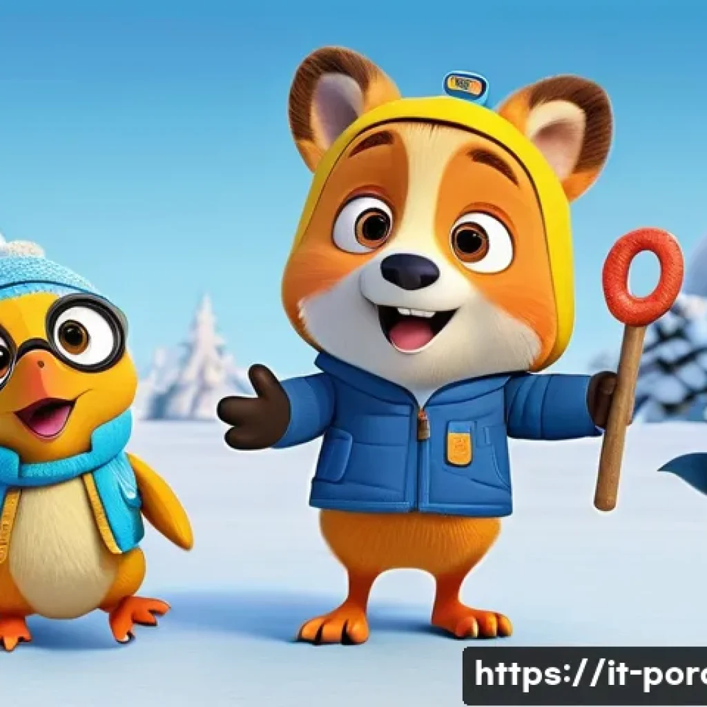 뽀로로 유튜브 조회수 높은 영상 - A vibrant, cheerful 3D animation featuring Pororo the curious penguin, Poby the wise polar bear, Edd...