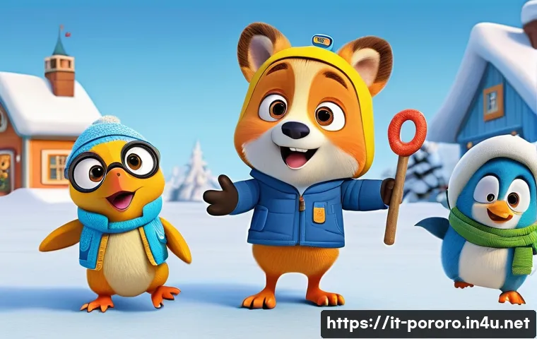 뽀로로 유튜브 조회수 높은 영상 - A vibrant, cheerful 3D animation featuring Pororo the curious penguin, Poby the wise polar bear, Edd...