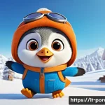 뽀로로 제작사 오콘 스토리 - A vibrant 3D animated scene featuring Pororo the penguin and his friends in their charming snowy vil...