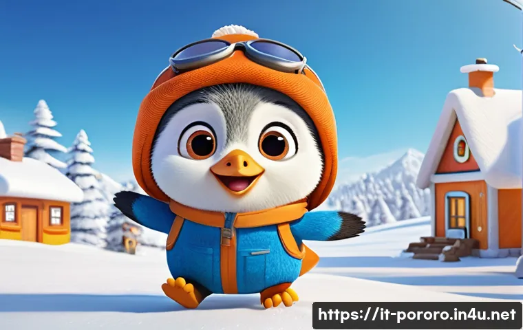 뽀로로 제작사 오콘 스토리 - A vibrant 3D animated scene featuring Pororo the penguin and his friends in their charming snowy vil...