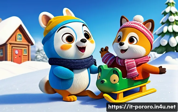 뽀로로의 글로벌 인기 비결 - **A joyful scene of Pororo and his friends playing together in a pristine, snowy landscape.** Pororo...