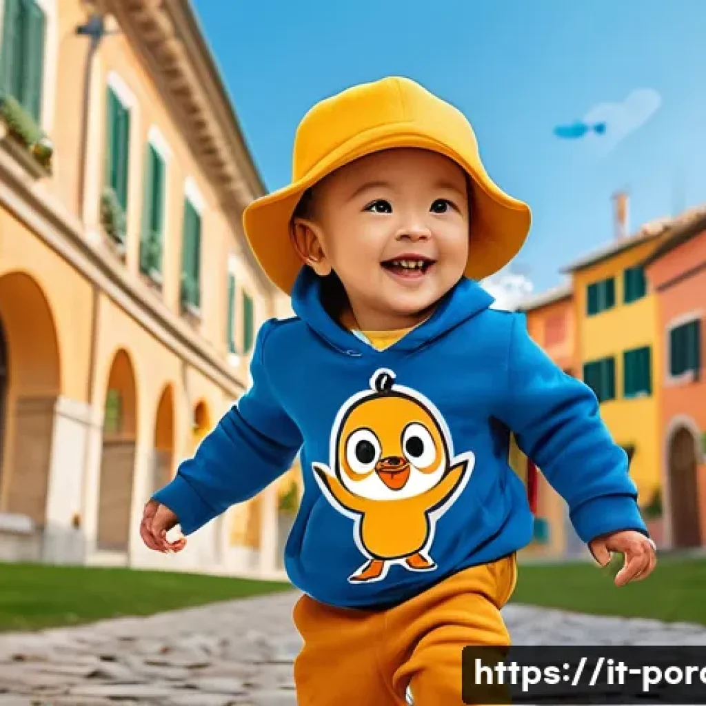 뽀로로의 브랜드 콜라보 사례 - A cheerful toddler wearing colorful and safe children’s clothing inspired by Pororo, featuring vibra...