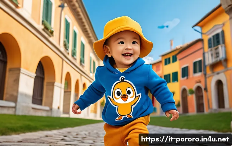뽀로로의 브랜드 콜라보 사례 - A cheerful toddler wearing colorful and safe children’s clothing inspired by Pororo, featuring vibra...