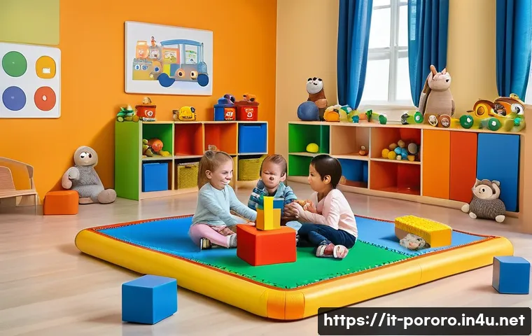 뽀로로 관련 이벤트 참여 후기 - A vibrant indoor playroom scene featuring young children aged 2 to 8 engaged in interactive educatio...
