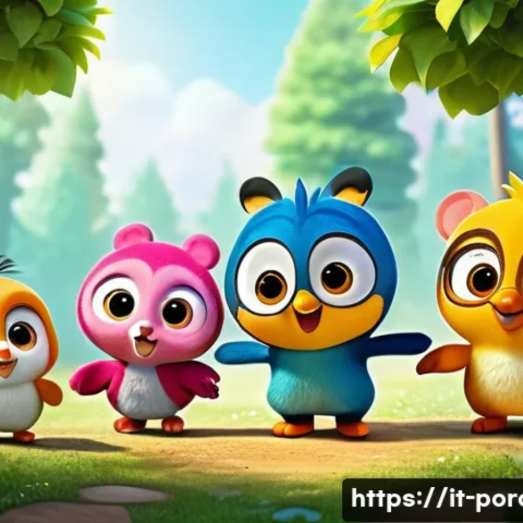 뽀로로 극장판 주요 장면 리뷰 - A vibrant and heartwarming scene of Pororo and his diverse group of friends standing together in a l...