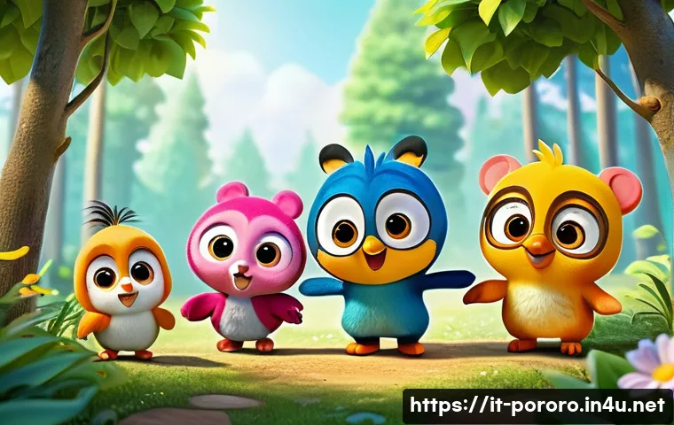 뽀로로 극장판 주요 장면 리뷰 - A vibrant and heartwarming scene of Pororo and his diverse group of friends standing together in a l...