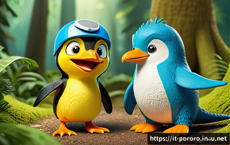 뽀로로와 크롱의 웃긴 순간 모음 - A playful scene featuring two cartoon-style characters resembling a penguin and a small dinosaur, en...