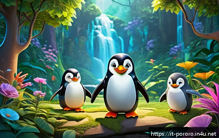 뽀로로와 패티의 특별 에피소드 - A vibrant, colorful forest scene inspired by a magical, child-friendly animation style, featuring a ...