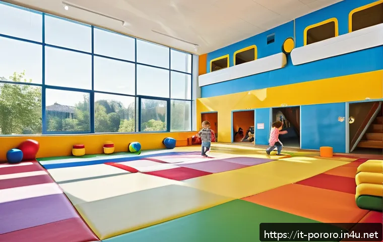 뽀로로 키즈카페 체험 가이드 - A bright and colorful indoor playground designed for young children, featuring soft padded floors an...