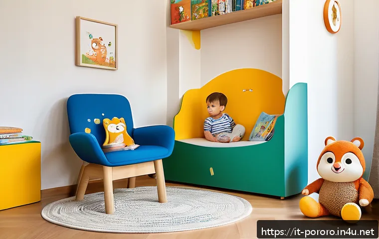 뽀로로 관련 도서 추천 - A colorful, cozy reading corner in an Italian family home designed for young children aged 3-6, feat...