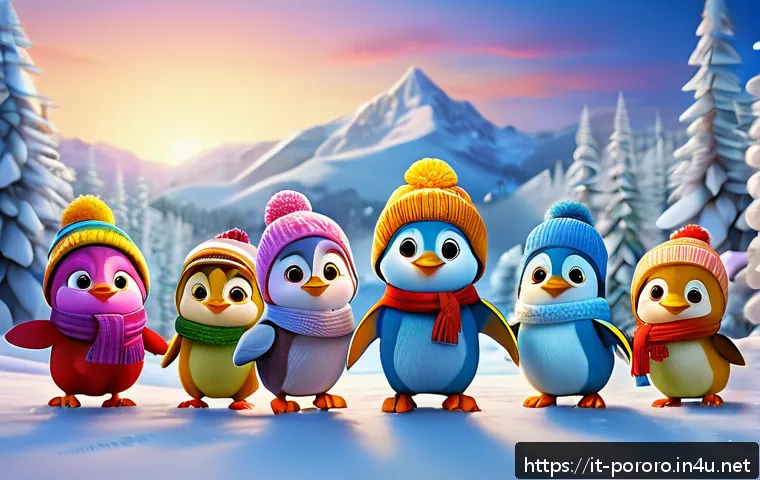 뽀로로 극장판 영화 리뷰 - A vibrant and immersive animation scene featuring Pororo the penguin and his diverse group of friend...