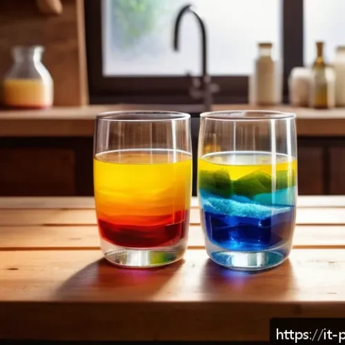 뽀로로와 에디의 과학 실험 - A vibrant, detailed image of a transparent glass filled with distinct colorful layers of liquid, eac...