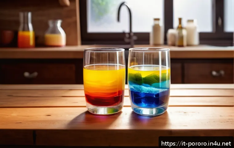 뽀로로와 에디의 과학 실험 - A vibrant, detailed image of a transparent glass filled with distinct colorful layers of liquid, eac...