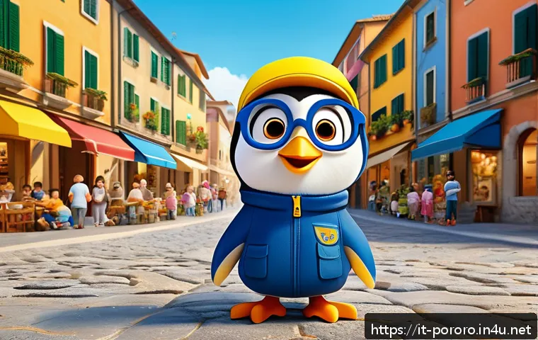 뽀로로의 시즌별 변화 - A vibrant and detailed digital illustration of Pororo the penguin in his iconic yellow aviator hat a...