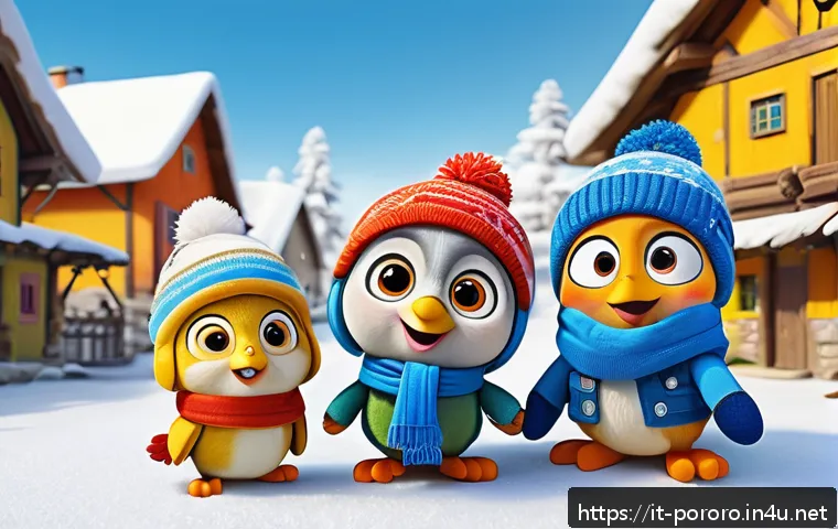 뽀로로의 감성 마케팅 사례 - A vibrant and colorful animated scene featuring Pororo and his friends playing cooperatively in a sn...