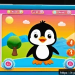 뽀로로 관련 게임과 앱 소개 - A vibrant and colorful digital classroom scene featuring a cute, friendly penguin character inspired...