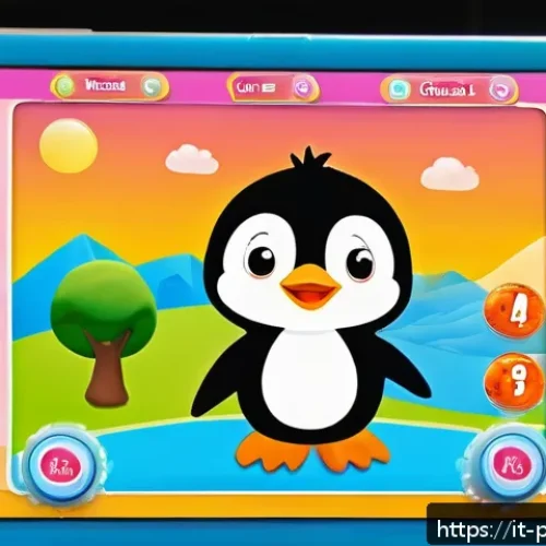 뽀로로 관련 게임과 앱 소개 - A vibrant and colorful digital classroom scene featuring a cute, friendly penguin character inspired...