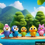 뽀로로 시리즈의 시즌별 특징 - A colorful and lively scene featuring Pororo the little penguin and his diverse group of friends, ea...