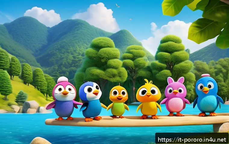 뽀로로 시리즈의 시즌별 특징 - A colorful and lively scene featuring Pororo the little penguin and his diverse group of friends, ea...