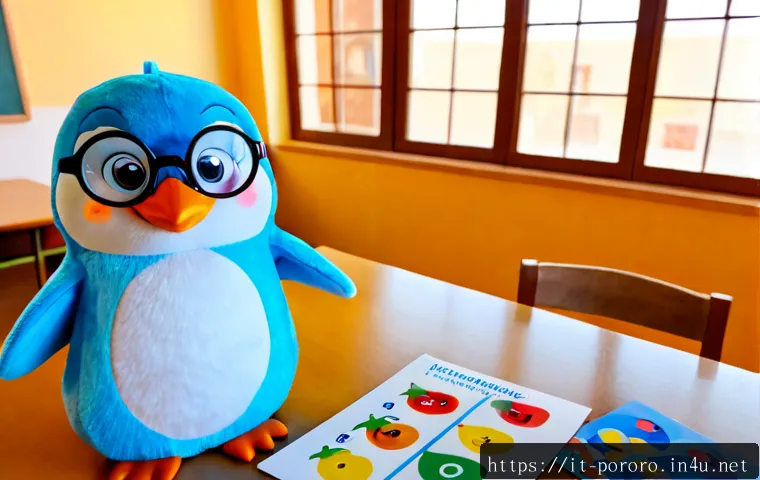 뽀로로 테마로 만든 교육 자료 - Photorealistic Italian preschool classroom, original cheerful blue penguin mascot with round glasses...